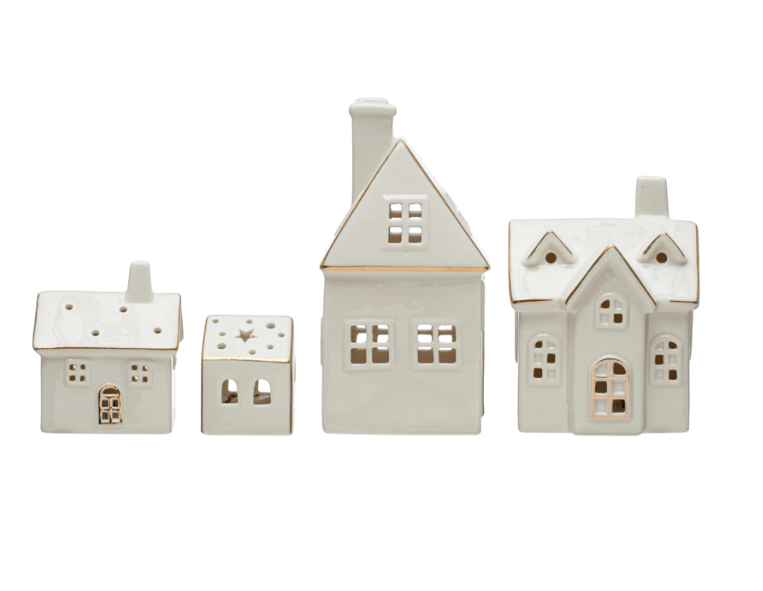 Set of 4 Stoneware Village Houses with Lights