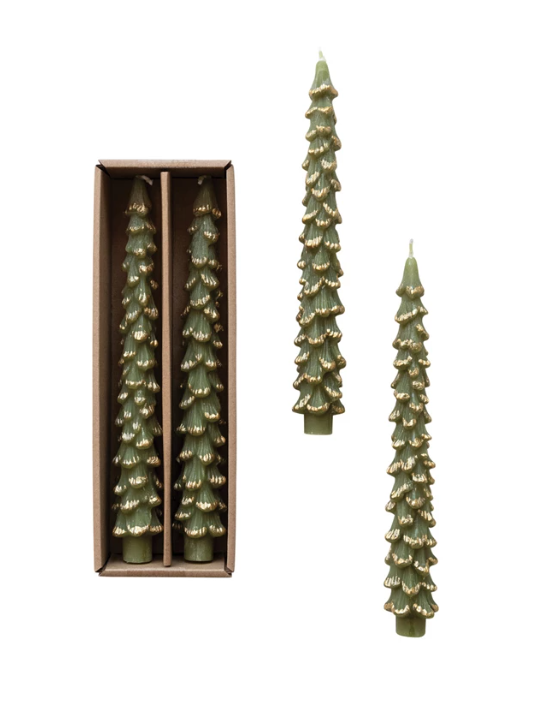Green & Gold Tipped Tree Shaped Taper Set - two sizes