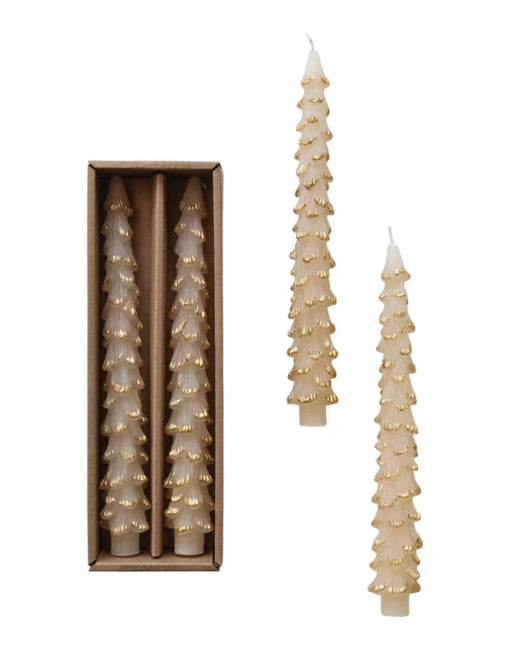 Tree Shaped Gold Tipped Ivory Candles - Set of 2 - 2 Sizes