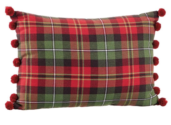 Red and Green Plaid Pillow with Pompoms Pillow