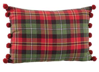 Red and Green Plaid Pillow with Pompoms Pillow
