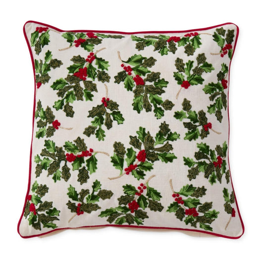 Cream w/Holly Leaves and Berries Pillow - 20"