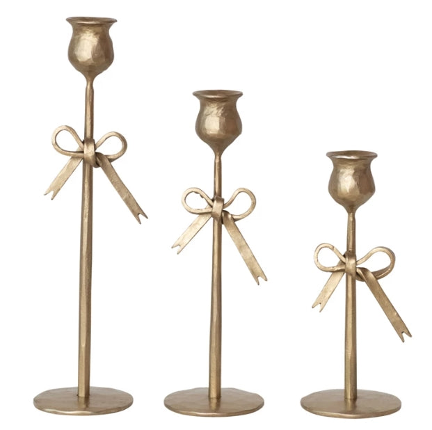 Bow Tied Antique Gold Taper Holders - Set of 3