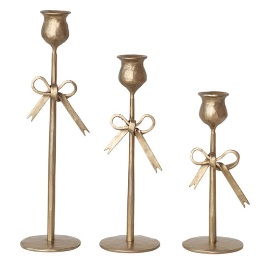 Bow Tied Antique Gold Taper Holders - Set of 3