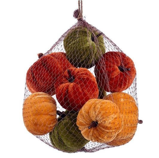 Bag of 9 Velvet Oranges and Green Pumpkins