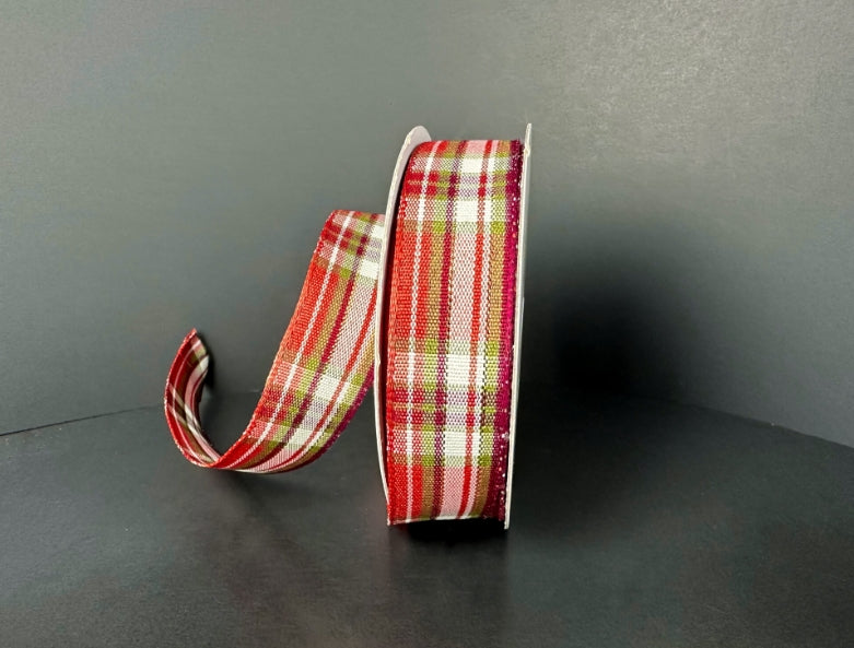 Cream Moss Rust and Burgundy Plaid - .875"x10yds.