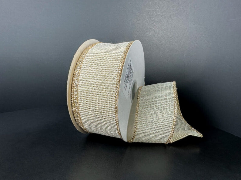 Ribbed Ivory Gold Metallic Linen Ribbon - 2 Widths
