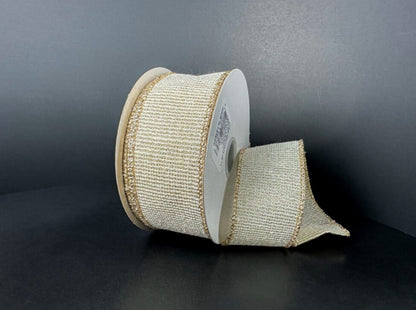 Ribbed Ivory Gold Metallic Linen Ribbon - 2 Widths