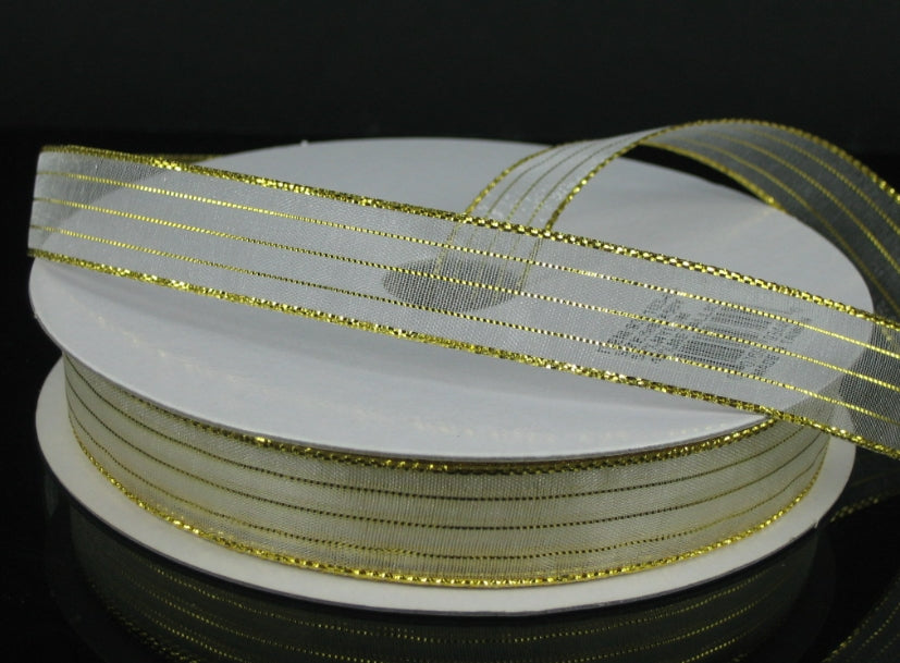 White Sheer with Gold Metallic Stripe - 5/8"x50yds.