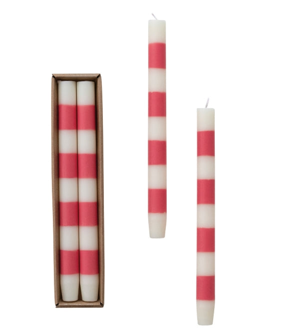Pink Striped Set of 2 Taper Candles - 10"