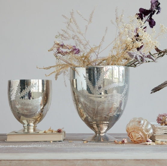 Silver Etched Mercury Glass Footed Vase - 2 Sizes