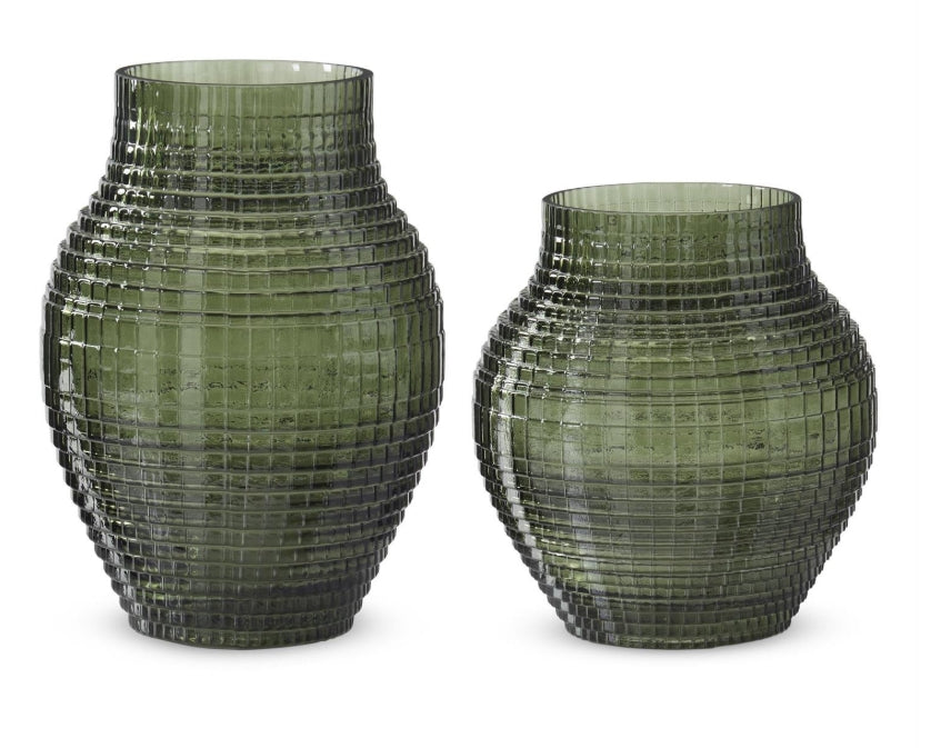 Green Grid Pressed Glass Vase - 2 Sizes