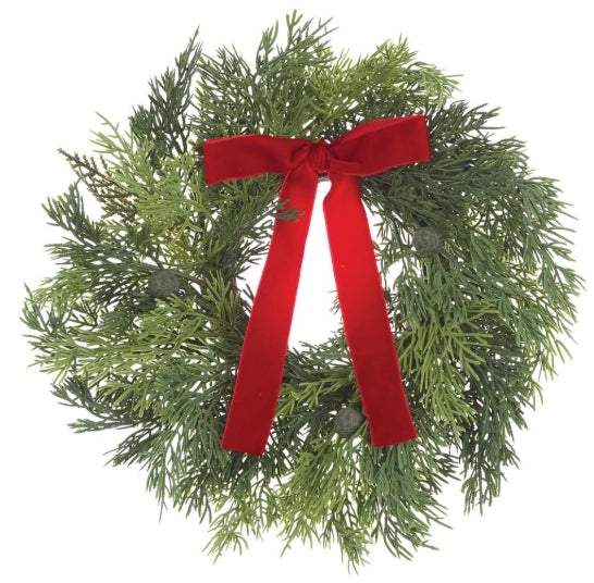 Soft Cedar Mini Wreath w/Red Bow - 12"