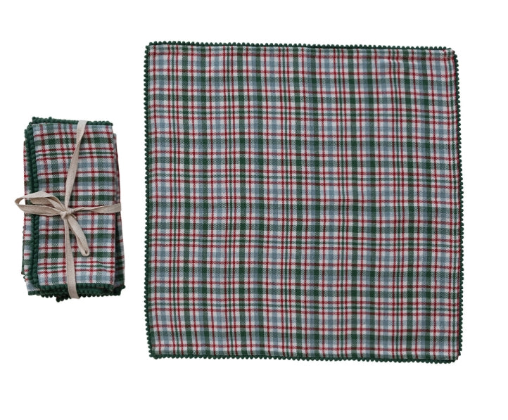 Plaid Cotton Napkin with Pom Pom Trim - 18" - Set of 4