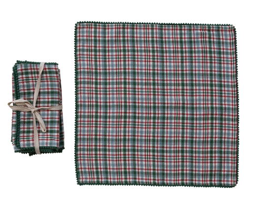 Plaid Cotton Napkin with Pom Pom Trim - 18" - Set of 4