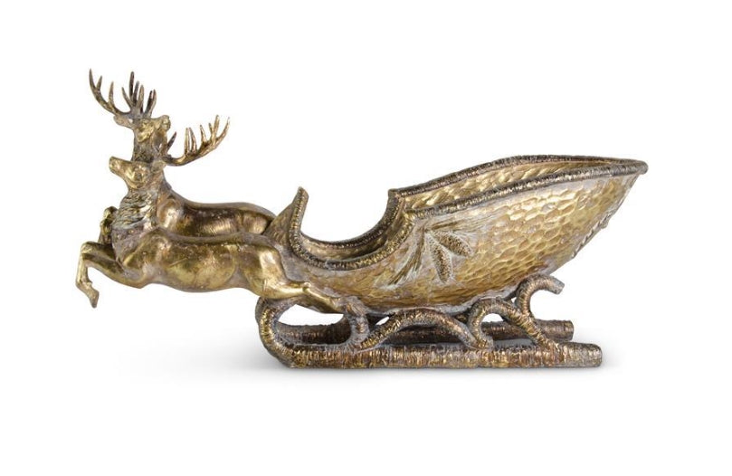 Antique Gold Sleigh Pulled by Two Reindeer - 25"