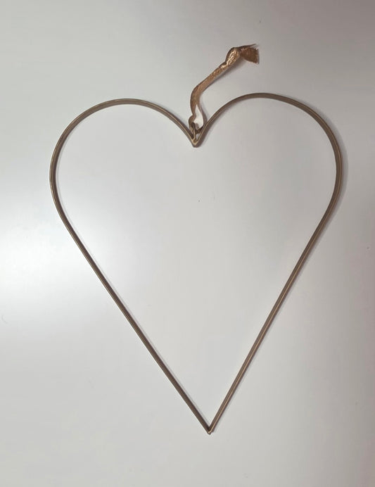 11-1/2"H Hanging Metal Heart w Gold Color Fabric Ribbon