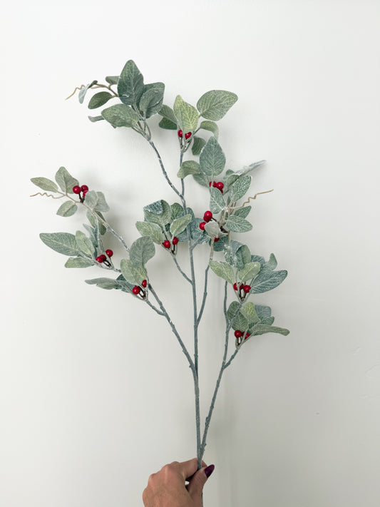 Glittered and Flocked Fittonia Stem w/ Red Berries - 36"