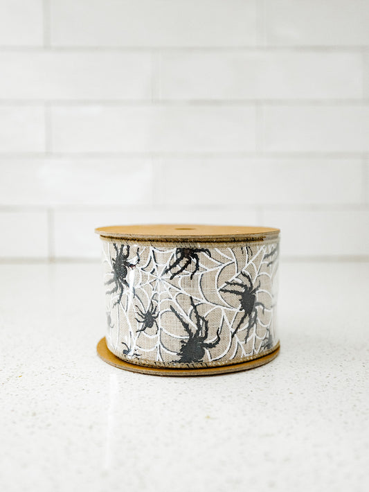 Black Spider on White Web Wired Ribbon - 2.5"