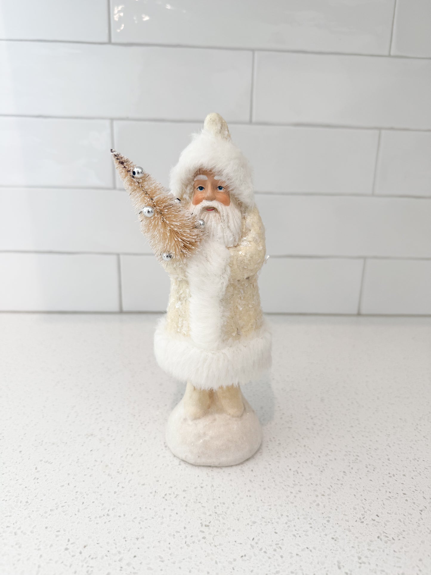 Cream Snowy Fur Trim Santa Holding a Tree - 8.25"