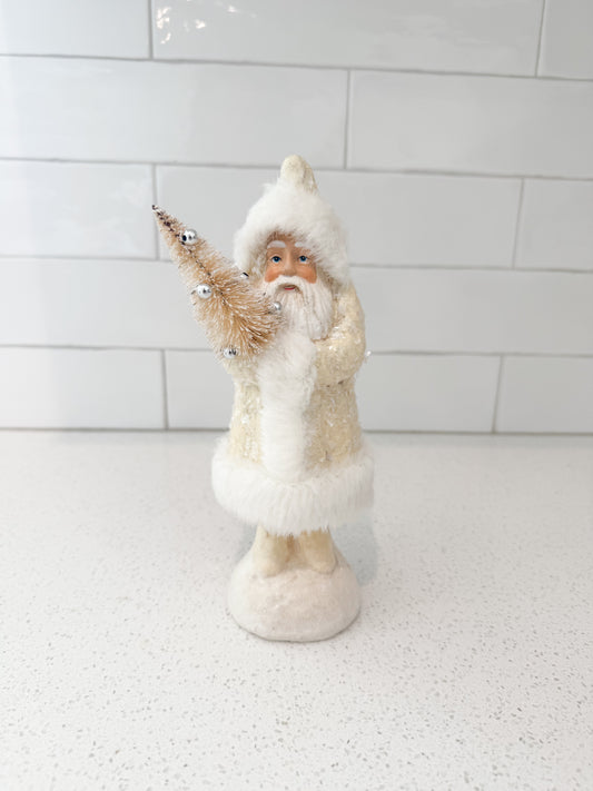 Cream Snowy Fur Trim Santa Holding a Tree - 8.25"