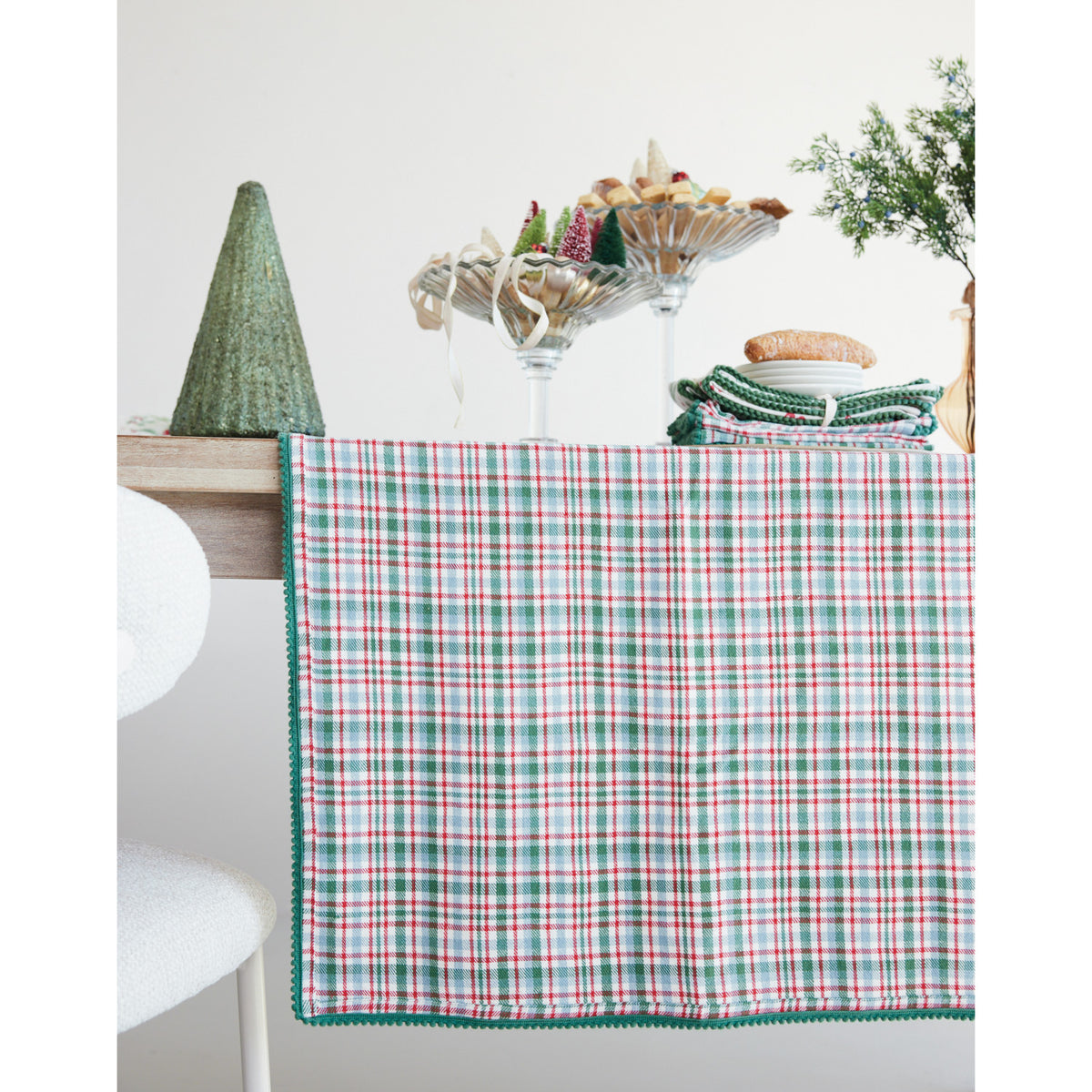 Table Cloth with Plaid Pattern & Mini Pom Pom Trim