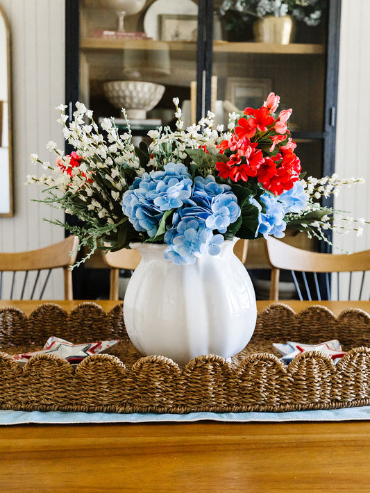 Floral Bundle Details: 2 White Lavender Bush & 1 Real Touch Blue Hydrangea Bundle & 3 Dark Coral Geranium Spray 31”