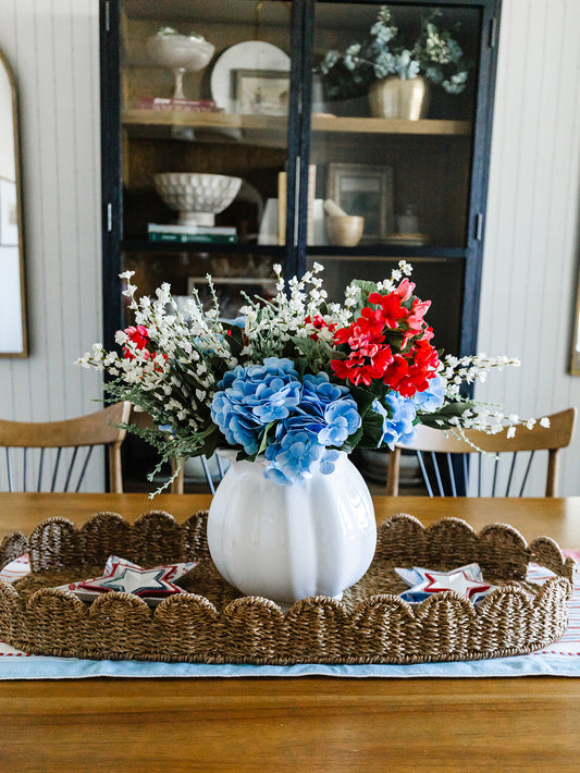 Floral Bundle Details: 2 White Lavender Bush & 1 Real Touch Blue Hydrangea Bundle & 3 Dark Coral Geranium Spray 31”