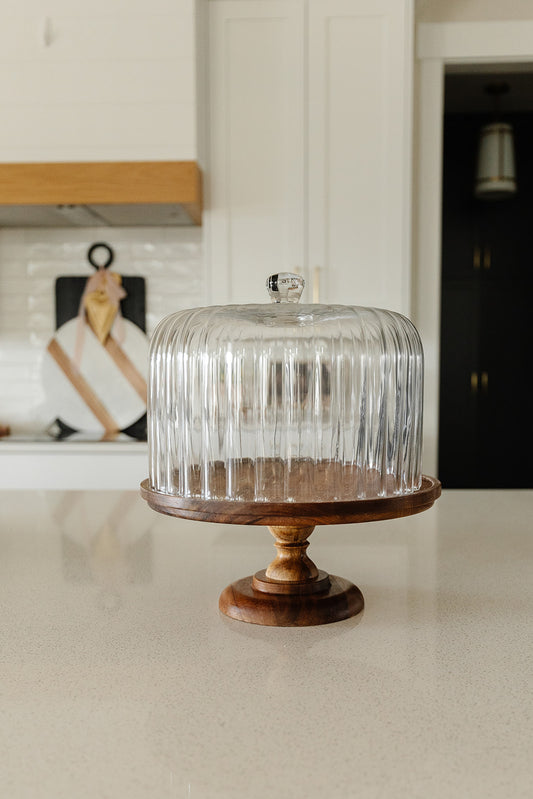 Wood Pedestal with Fluted Cloche