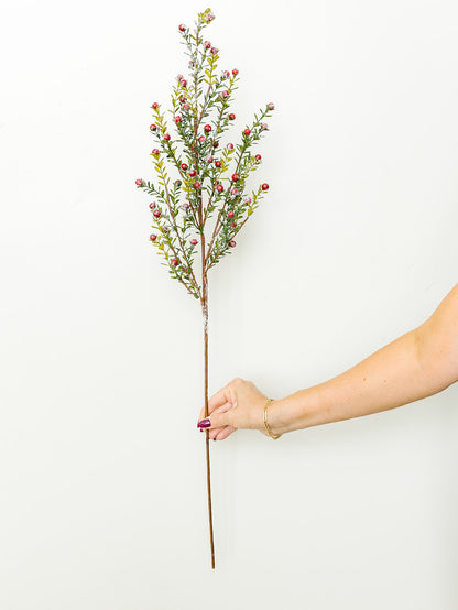 Glittered Snowy Berry Leaf Stem 30" - Red
