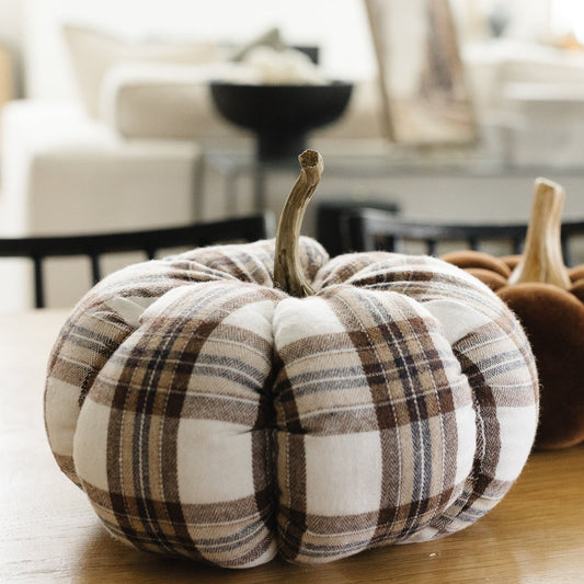 Autumn Plaid Pumpkin - Brown & White