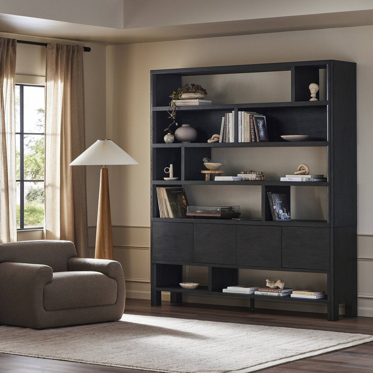 Bookcase - Black Oak                         84”w x 18”d x 94”h
