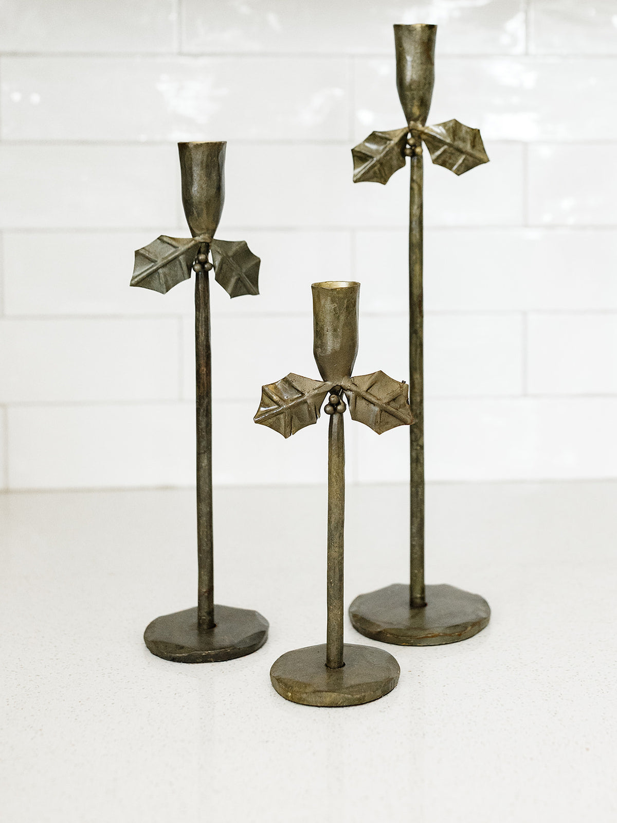 Iron Forged Gold Holly Taper Holders - Set of 3
