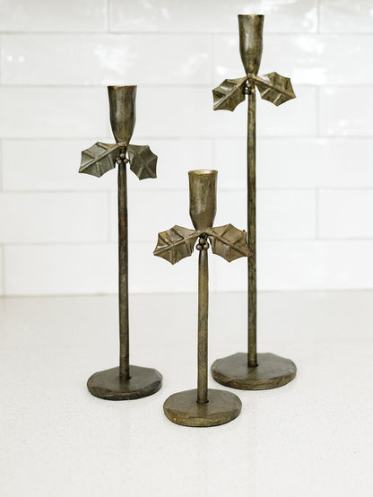 Iron Forged Gold Holly Taper Holders - Set of 3