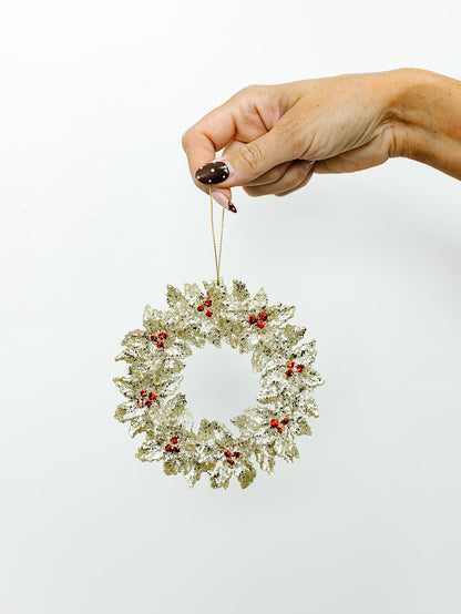 Gilttered Holly Wreath Ornament - 5.25"