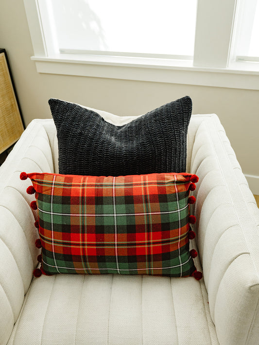 Red and Green Plaid Pillow with Pompoms Pillow