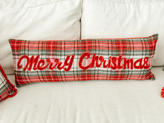 Merry Christmas Plaid Red and White Pillow