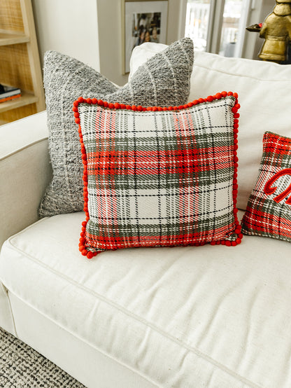 Red and White Plaid Pillow with Pompoms