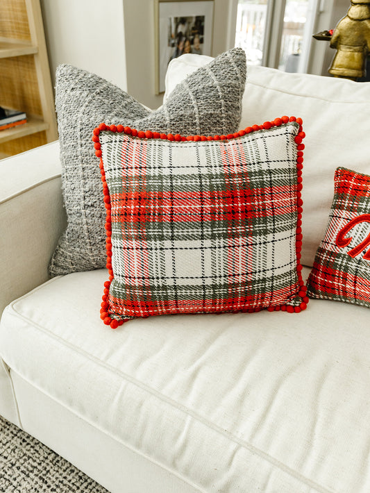 Red and White Plaid Pillow with Pompoms