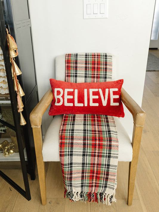 Believe Lumbar Red Pillow