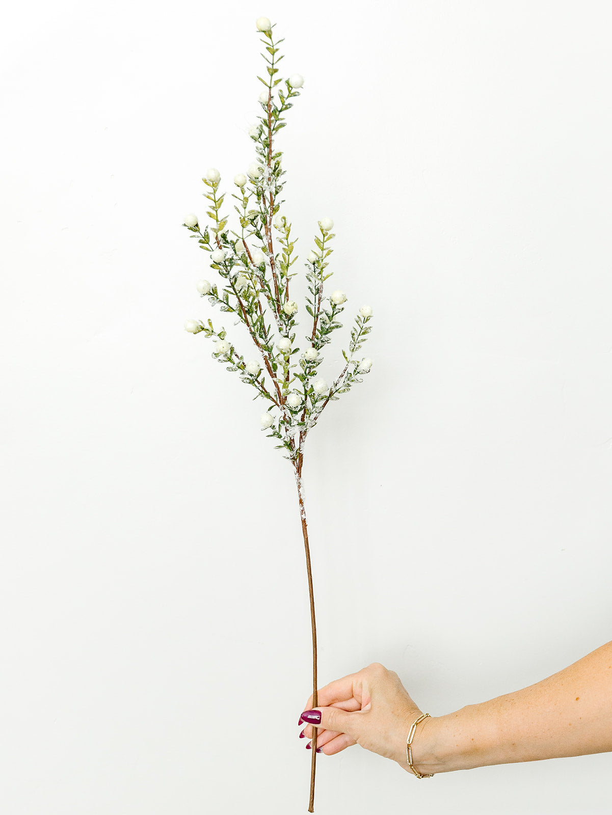 Glittered Snowy Berry Leaf Stem 30" - White