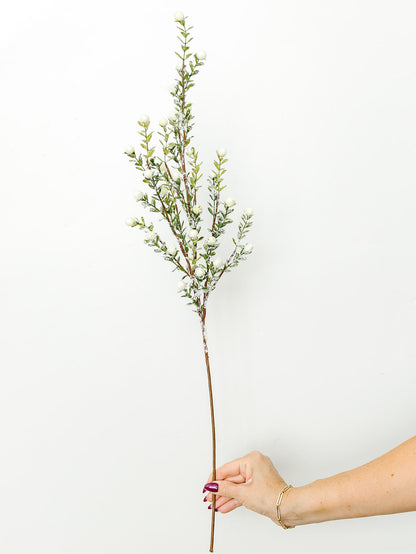 Glittered Snowy Berry Leaf Stem 30" - White