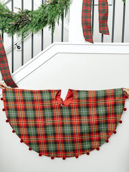 Red and GreenPlaid Tree Skirt with Pompoms - 48"