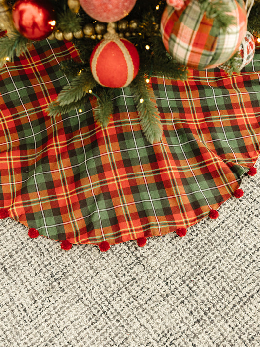 Red and GreenPlaid Tree Skirt with Pompoms - 48"