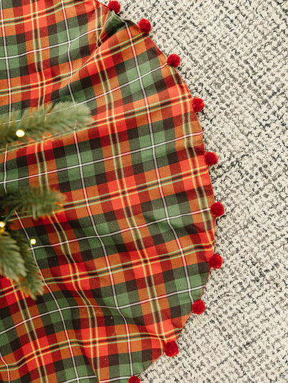 Red and GreenPlaid Tree Skirt with Pompoms - 48"