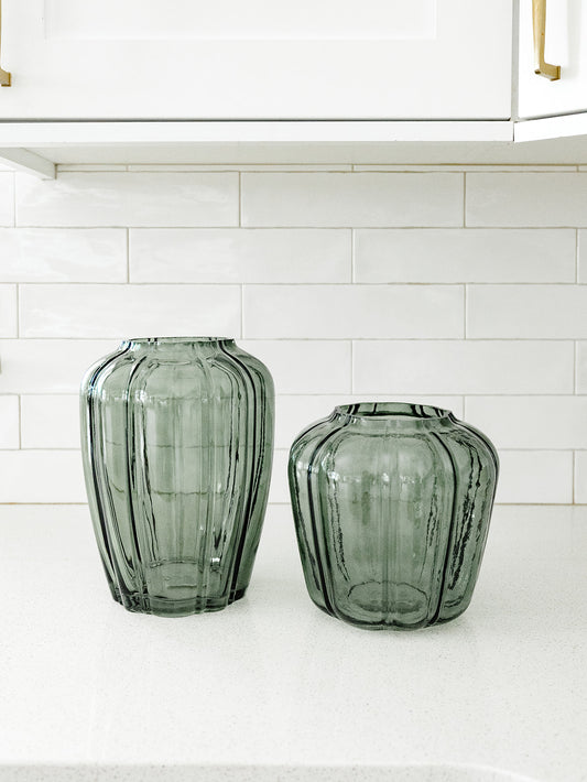 Scalloped Green Line Pressed Glass Vase - 2 Sizes