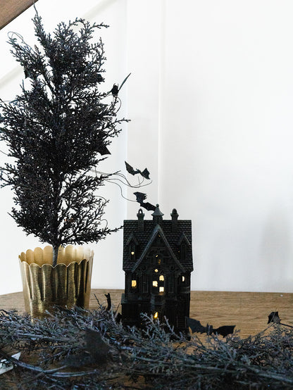 Black with Purple Glitter Pine and Bat Potted Tree - 23"
