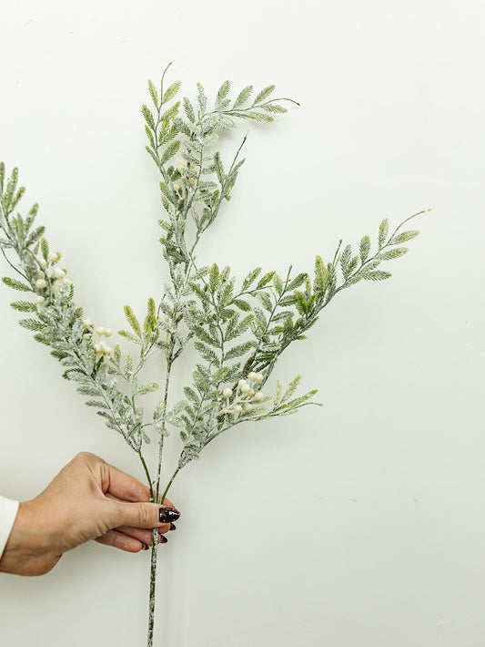 Snowy Feather Leaf and Berry Stem - 31"