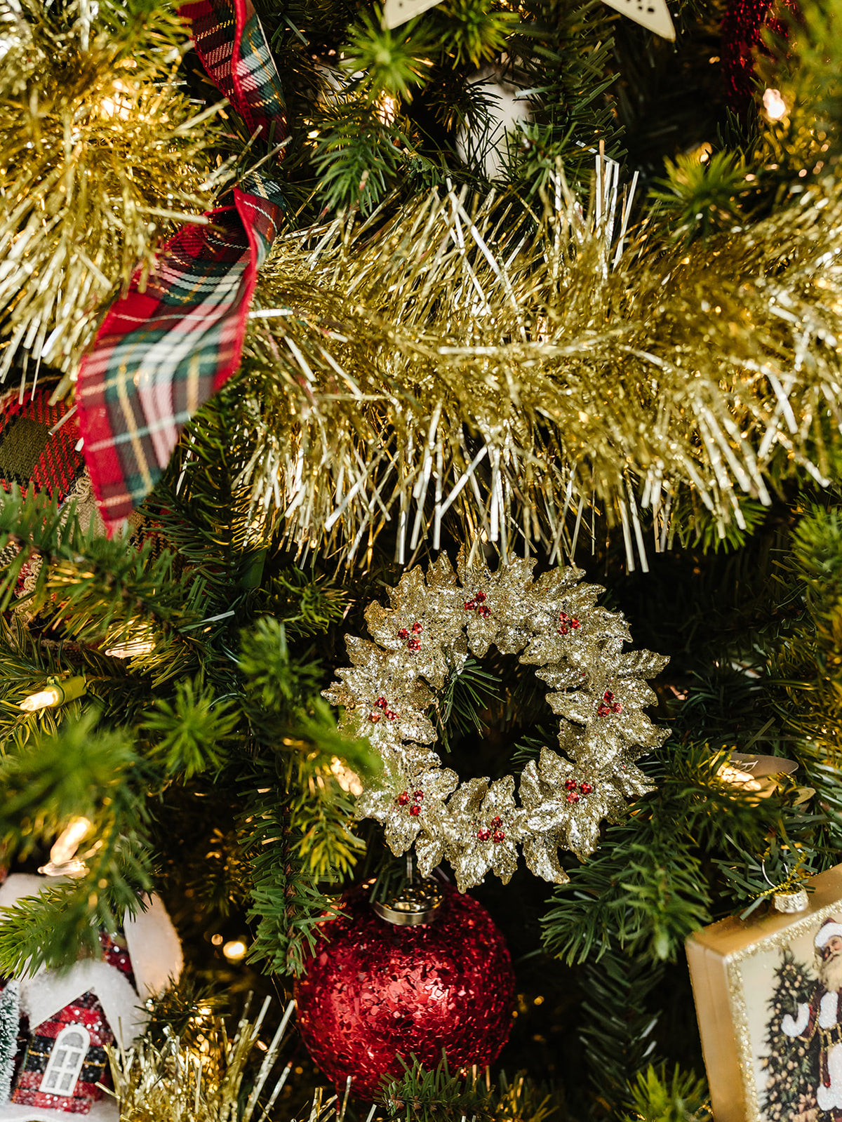 Gilttered Holly Wreath Ornament - 5.25"