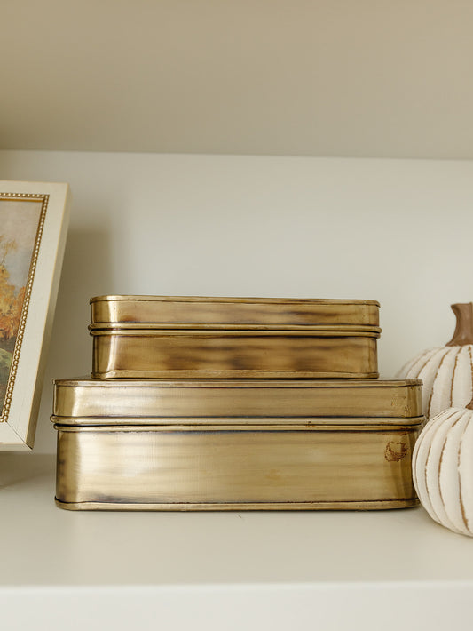 Antique Brass Metal Boxes - Set of 2